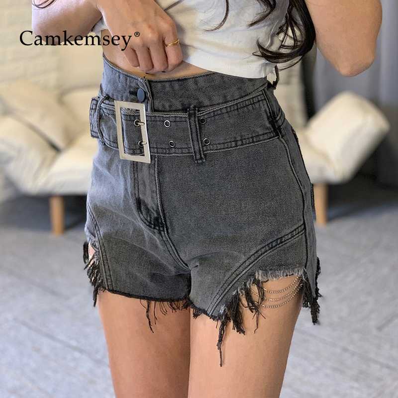 

CamKemsey Summer Basic Denim Shorts Women 2020 Street Wear Cuffed Chain Tassels Classic High Waist Black Jeans Shorts