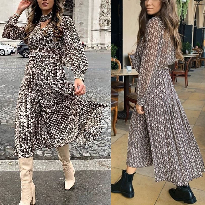 

hot salling Aachoae Women Elegant Long Dress with Belt Chain Print Bow Tie Neck Office Lady Shirt Dress Long Sleeve Pleated Dress Vestidos