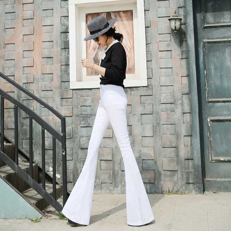

2020 spring and autumn Fashion casual brand plus size mid waist female women girls stretch flare pants jeans clothes 79443, White