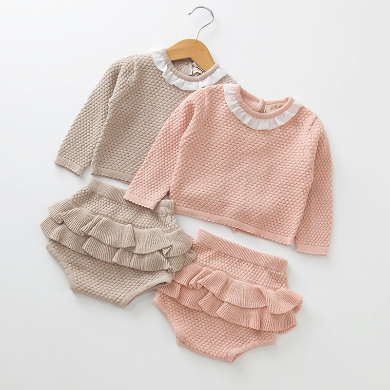 

Autumn Spring Toddler Baby Set Knitted Newborn Baby Clothes Girls Boys Clothing Set Sweater + Shorts 2 pcs Outfits Ruffle, Silver