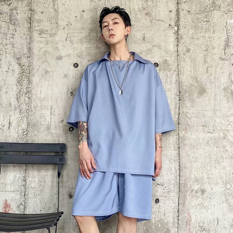 

Summer Hong Kong Style Solid Color Five Points Shirt Male Casual Loose Student Sports Straight Wide Leg Shorts Two-piece, Black