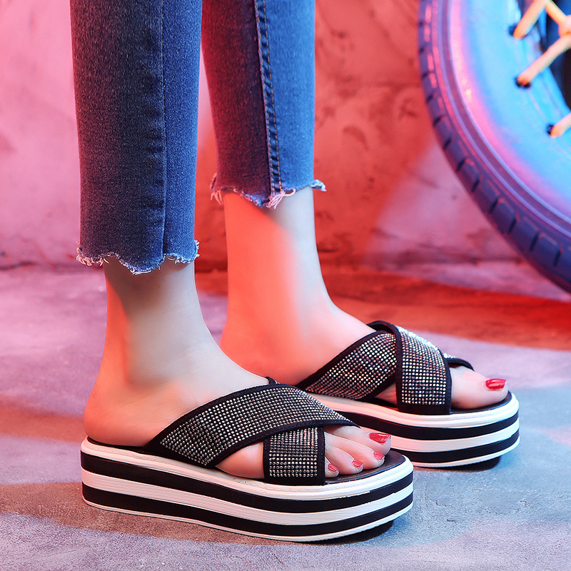 

Fashion Slippers Women's Summer New Crystal Platform Slanted Heel Slippers Platform High Heel Women's, Black
