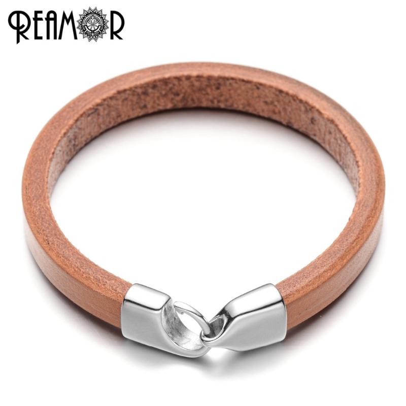 

REAMOR 3 Styles Wide Leather Rope Male Charms Bracelet with 316L Stainless Steel Buckle Simple Men Cuff Bracelets&Bangle Jewelry