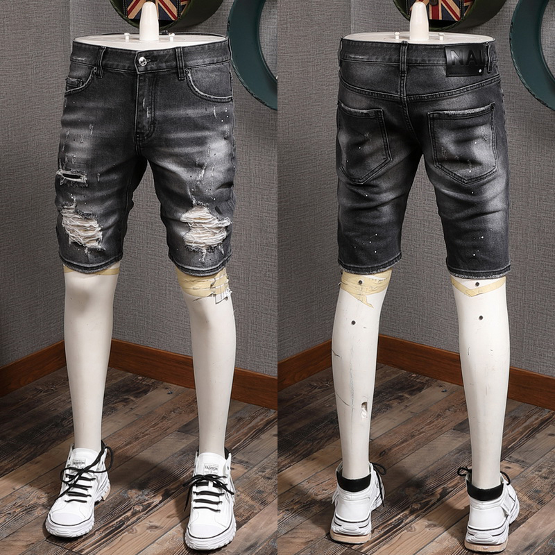 

Men's Street Style Black Worn Out Cowboy Shorts Stretch Fit Men's Distressed Fit Effect Short Denim, D2-8164