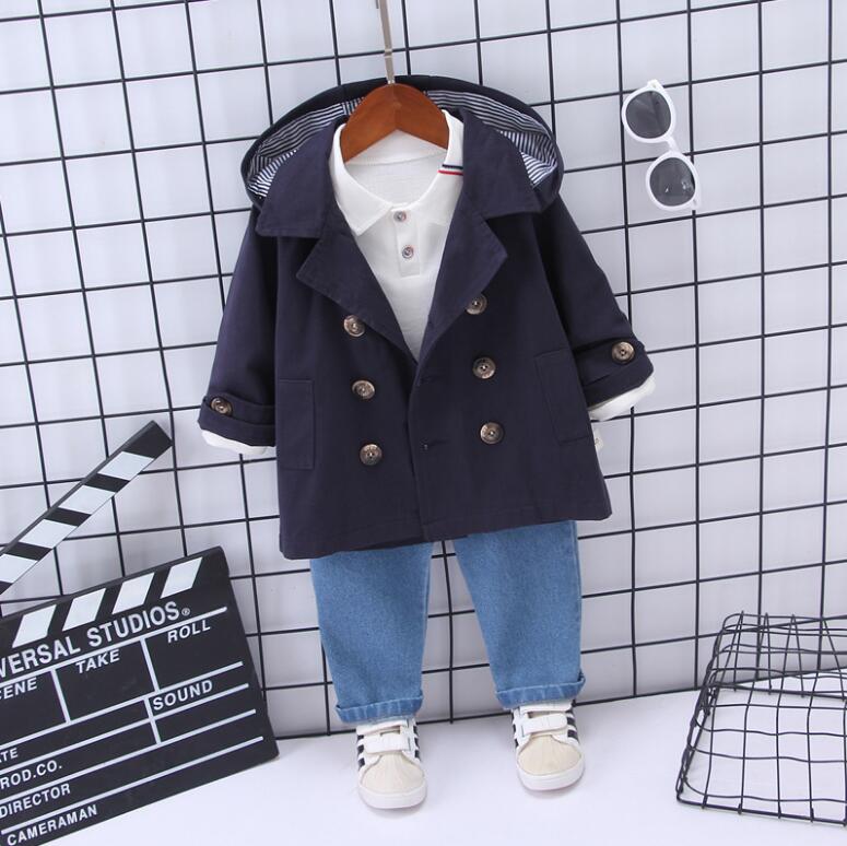 

Boy clothing 2020 autumn baby suit children's double-breasted hooded trench coat + Top + jeans three-piece set 1-4 years old, As picture