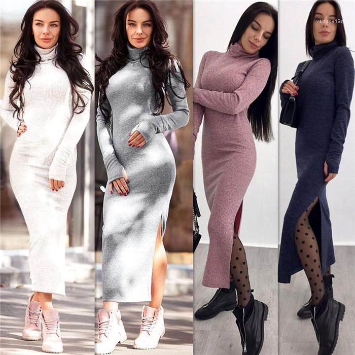 

Sleeve Pack Hip Split Long Dresses Famale Fashion Womens Turtle Neck Knit Dress Autumn Winter Long