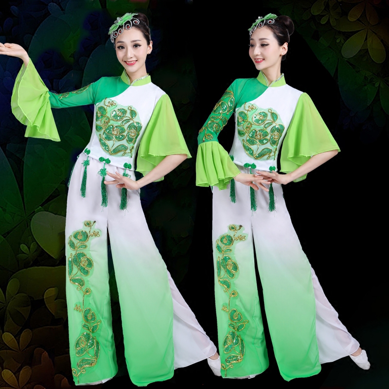 

Chinese Folk Dance Costumes Clothing for Women Classical Green Fan Yangko Dance Chinese Traditional for Stage