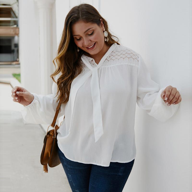 

WHZHM White Lace Patchwork Blouse Femme Bow Lacing Up Flower Lace Long Puff Sleeve Loose Plus Size 3XL 4XL Elegant Shirt Women