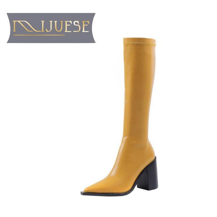 

MLJUESE 2021 women Knee-High boots Microfiber Winter short plush Pointed Toezipper Super High heels female boots size 40, Yellow