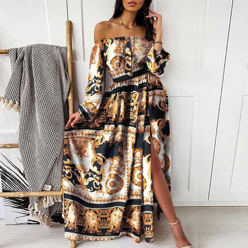

Off Shoulder Maxi Chiffon Dress Long Sleeve Slit Bohemian Dress Women Autumn Floral Print Maxi Party Female Vestido, Gold