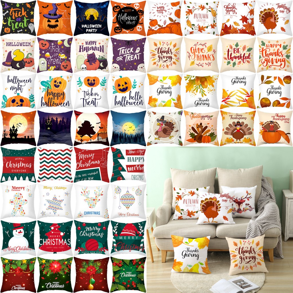 

Christmas Pillow Cover Halloween Thanksgiving Festival Pillowcase Peach Skin Fabric Cartoon Print Horror Pillow Cases 45*45CM, As picture