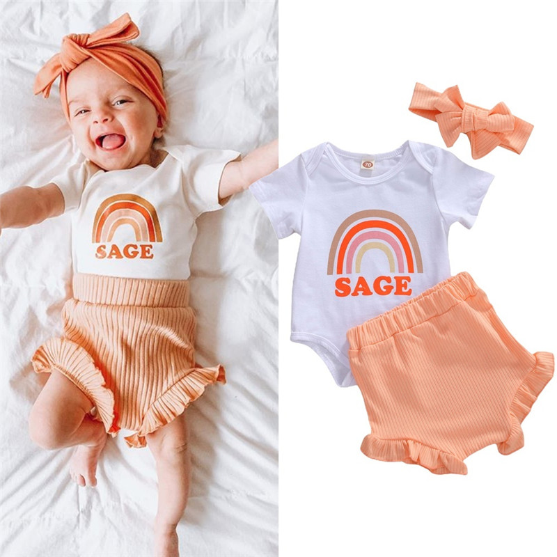 

0-24M Toddler Kids Baby Girls 3pcs Clothes Set Short Sleeve Rainbow Romper Jumpsuit +Ruffle Shorts Pants Baby Girls Outfits, As pic