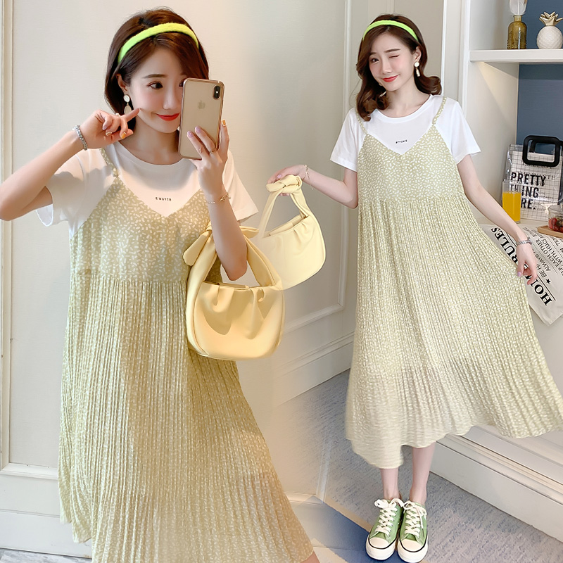 

6013# Maternity Clothes Summer Chiffon Short Sleeve Loose False Two-piece Dress for Pregnant Women Mom Dress, Pink
