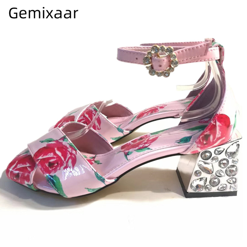 

Chic Print Rose Sandals Women Corss Band Chunky Square High Heel Decor Jeweled Party Sandalias Sweet Rhinestone Women Sandals, Pink 6cm