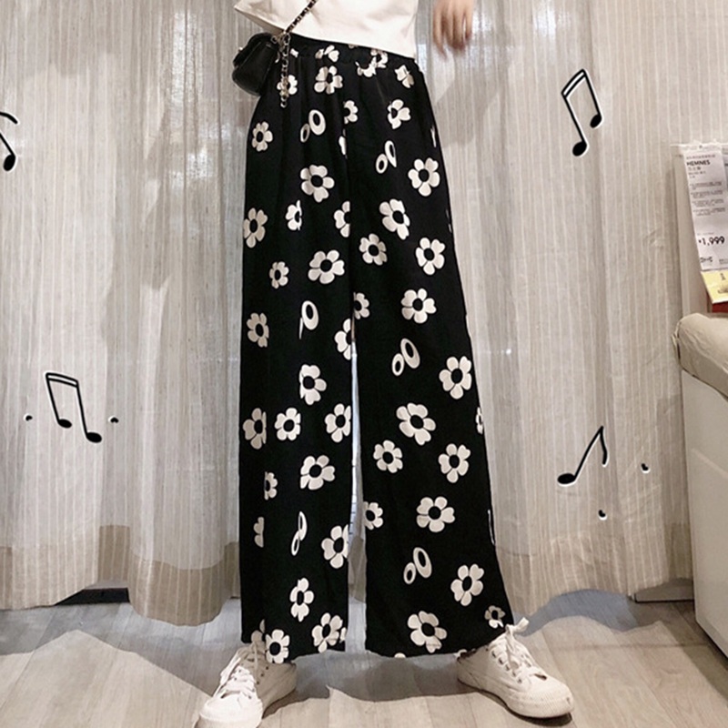 

Vintage Print Chiffon Wide Leg Pants 2020 Women Harajuku Trousers Korean Casual High Waist Straight Trousers
