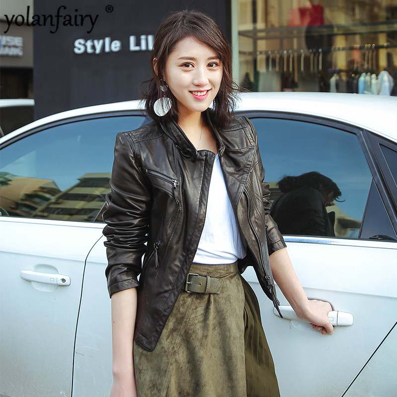 

Genuine Leather Jacket Women Clothes 2020 Sheepskin Coat Motorcycle Jacket Slim Fit Spring Autumn Korean Leather Coats QBL-05, Black