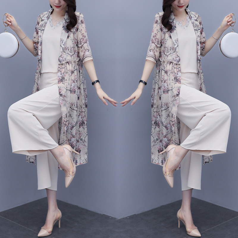 

Chiffon Luxury 3 Piece Set Women Floral Womens Matching Set Three Piece Outfits Summer Ensemble Femme Deux Pieces Woman Suit, Khaki