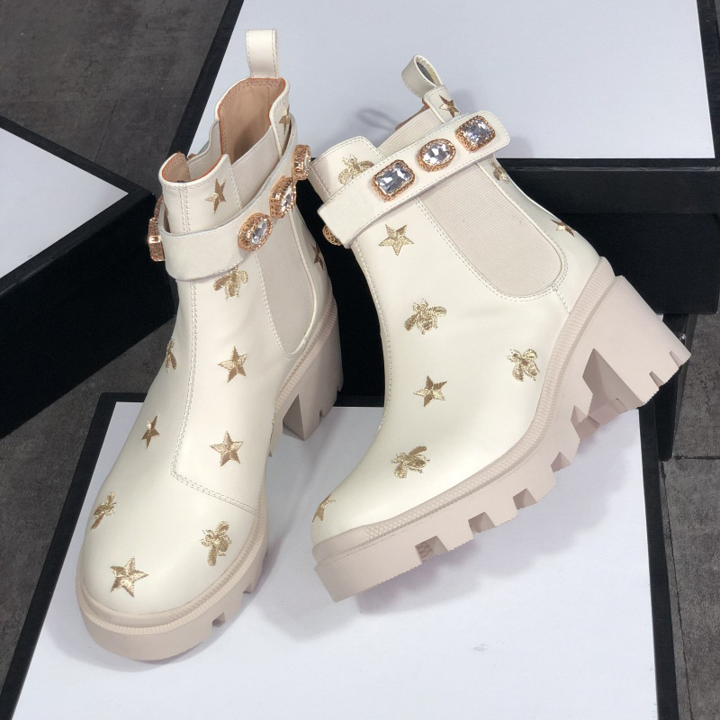 

Fashion Winter Women Desert Boot Ankle Martin Boots Flamingos Black White Bee 100% Real Leather Medal Coarse Non-Slip Cowboy Boot with Box, R2