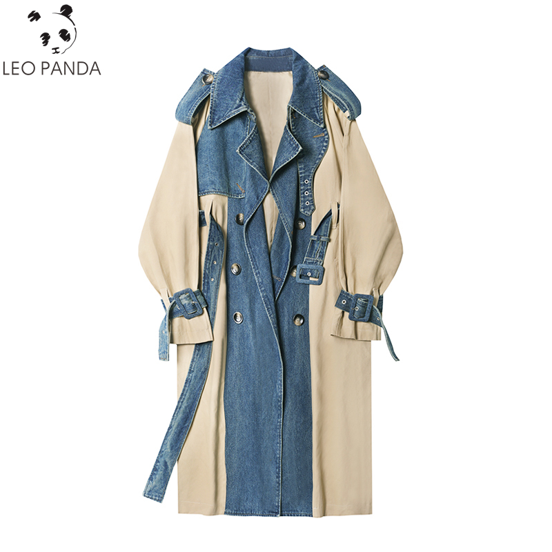 

New Long Coat Woman Fashion Denim Patchwork Windbreaker Spring Autumn High Quality Temperament Double-breasted Sashes Trench Top, As show