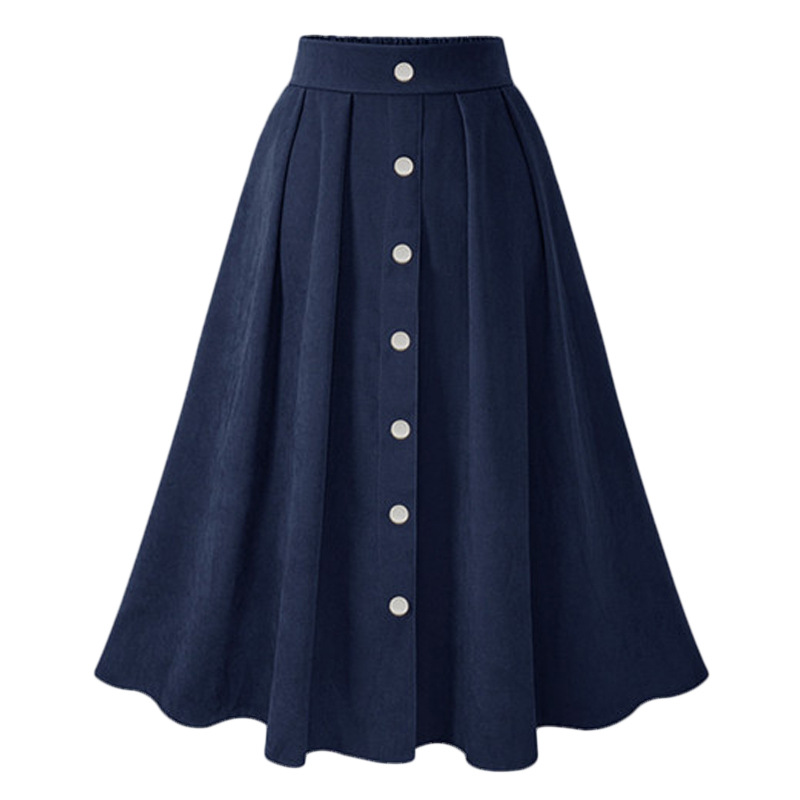

Women Pleated Skirts Button High Waist Elastic Mid Skirt Korean Style Female Skirts Fashion 2020 Spring Autumn Winter Bottom, Blue