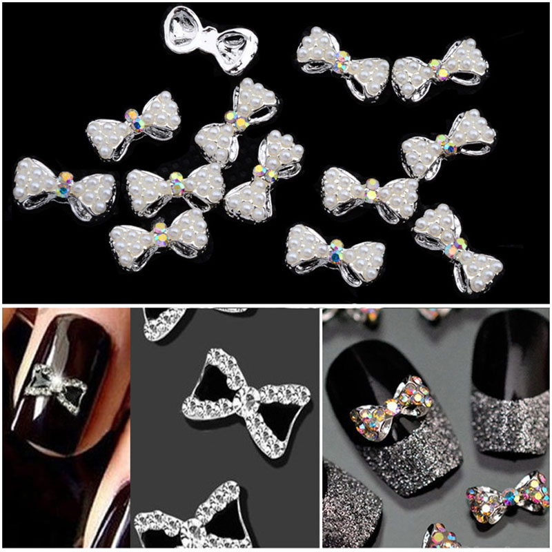 

2pcs White Pearl Nail Art AB Rhinestones Crystal Bow Tie Alloy Bow Knot For Nails Art Charming Decorations Jewelry Accessories