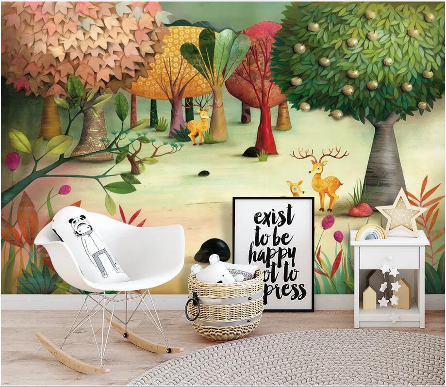 

3D mural wallpaper custom photo Hand painted fairy tale forest fawn orchard children's room background wall wallpaper for walls 3 d, Non-woven