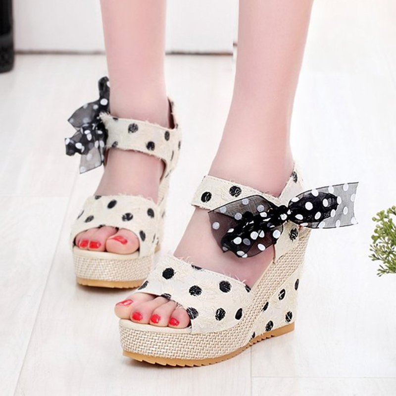 

Women Dot Bowknot Design Platform Wedge Sandals Female Casual High Increas Shoes Ladies Fashion Ankle Strap Open Toe Sandals, Pink