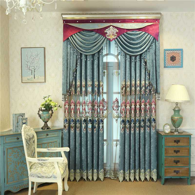 

Blue classic European-style luxury embroidered high blackout curtains for bedroom living room kitchen High quality is guaranteed, Tulle