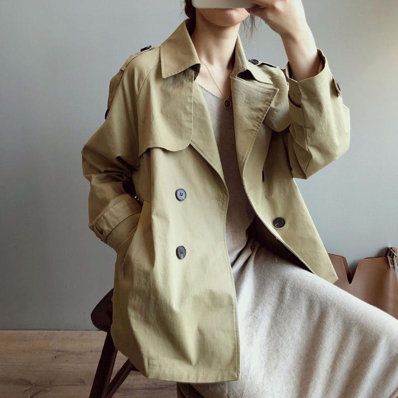 

Spring Fall Women Trench Korea Japan Loose Solid Color Long Sleeve Outwear Double Breasted Short Straight Trench Windbreaker, Khaki