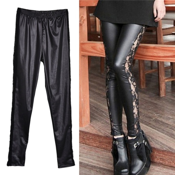 

Sexy Women PU Leather Gothic Punk Leggings Pants Lace Skinny Trousers