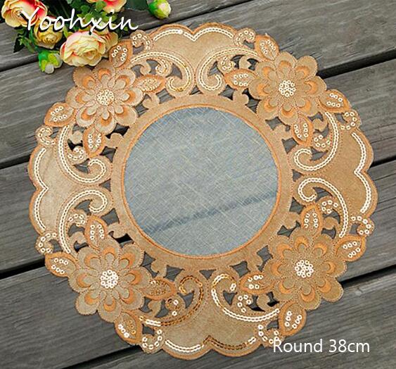 

Modern Lace sequin placemat cup embroidery coffee mug kitchen Christmas table place mat cloth doilies dining pad, Khaki