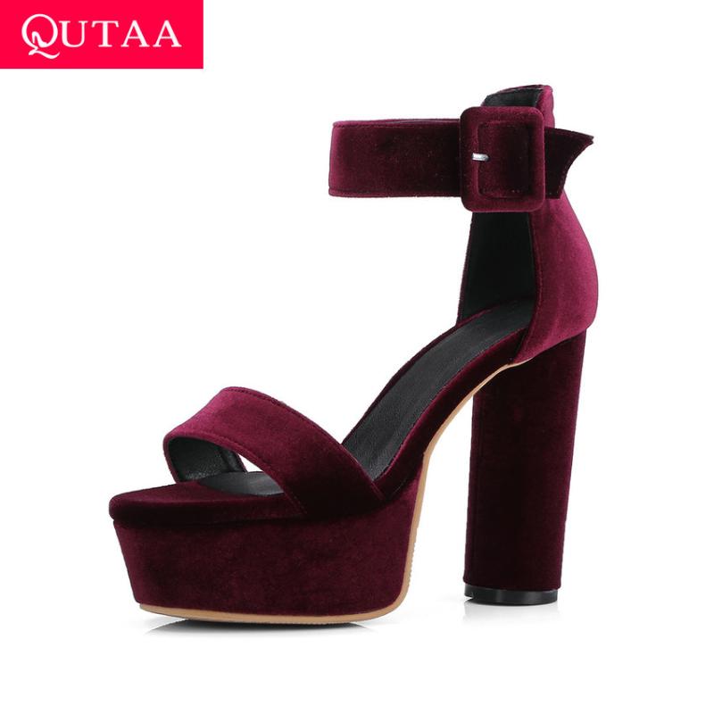 

QUTAA 2020 Women Shoes Sexy Coarse High Heel Ankle Wrap Buckle Platform Elegant Round Open-toed Flock Ladies Sandals Size 34-42, Black