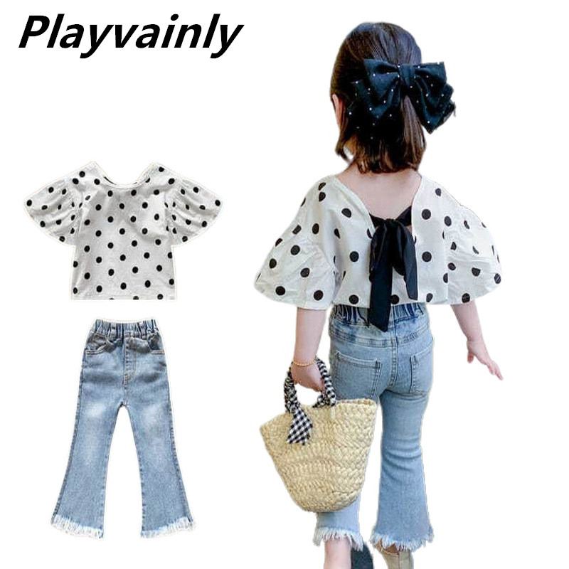 

2020 Summer New Girl Sets Baby Girl Polka Dot Shirt+Denim Flare Jeans Fashion 2PCS Outfits Suit Baby Clothes E28001, White