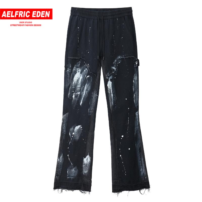 

Aelfric Eden Washing Ink Denim Pants Streetwear 2020 Vintage Patchwork Casual Loose Jeans Harajuku Hip Hop Pants Jogger Trousers, Black