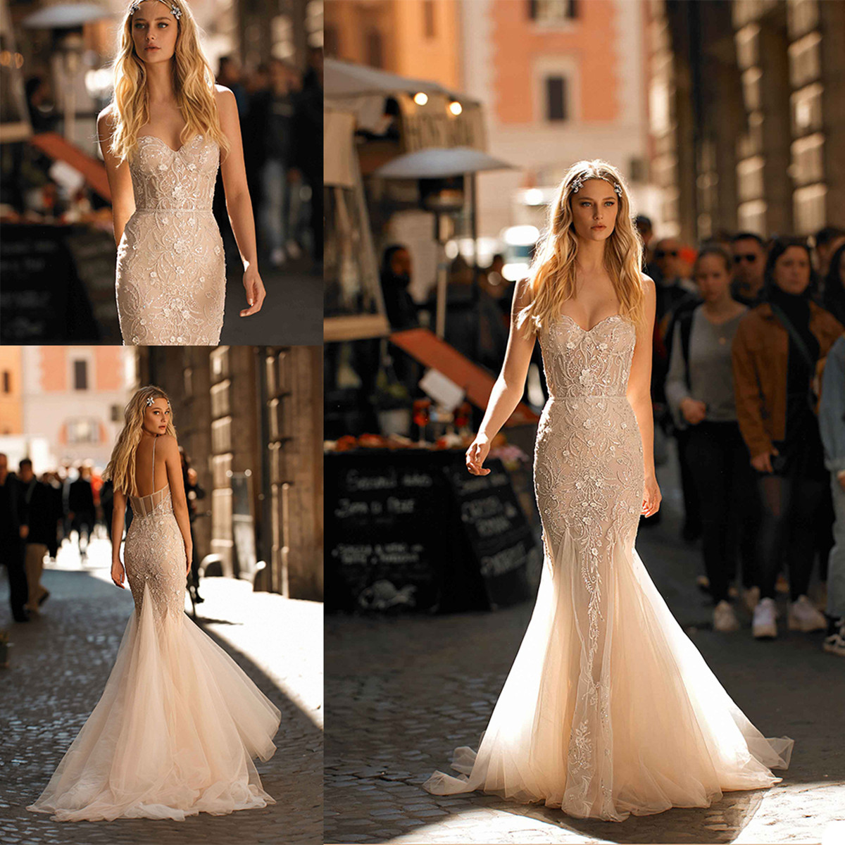 

Fashion Wedding Dresses Spaghetti Straps Lace Appliques Mermaid Bridal Gowns Sexy Backless Sweep Train Wedding Dress Robe De Mariee, Gold