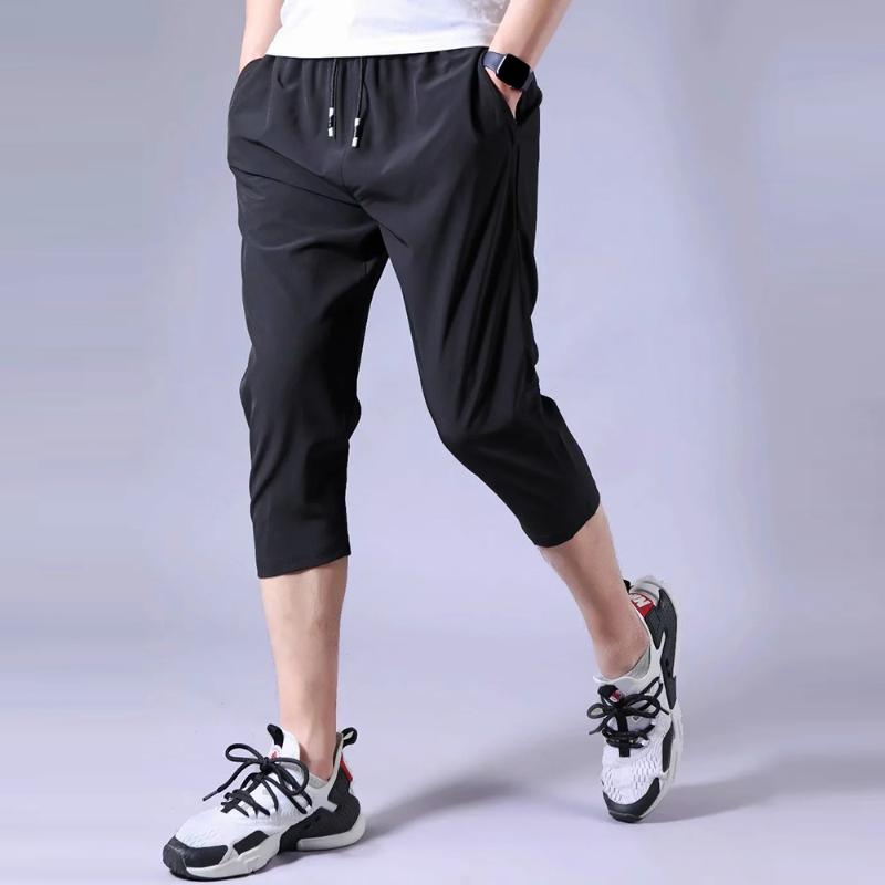 

2020 New 3/4 Sport Pants Ice silk Men Running Pants With Zipper Pockets Training and Joggings trousers Men Soccer Training, Black