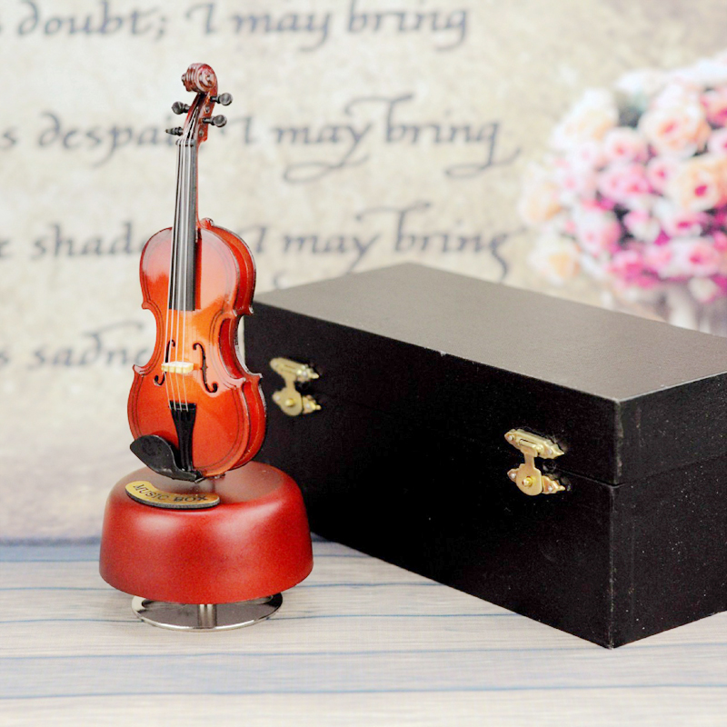 Hand-mad Mini Violin Model Music Box Wooden Violin Rotating Musical Box Best Gifts-image-567853225