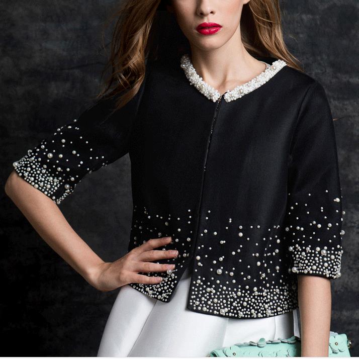 

autumn coat short design Women Outerwear Elegant Beaded Diamond slim three quarter sleeve Small jacket, Black