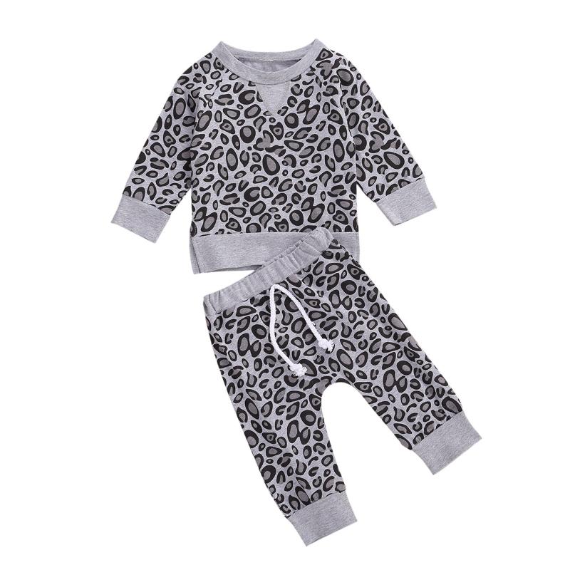 

Infant New Spring 2Pcs/Set Baby Girls Leopard Outfits Long Sleeve T-Shirts Tops Pants Set Newborn Clothes, Gray