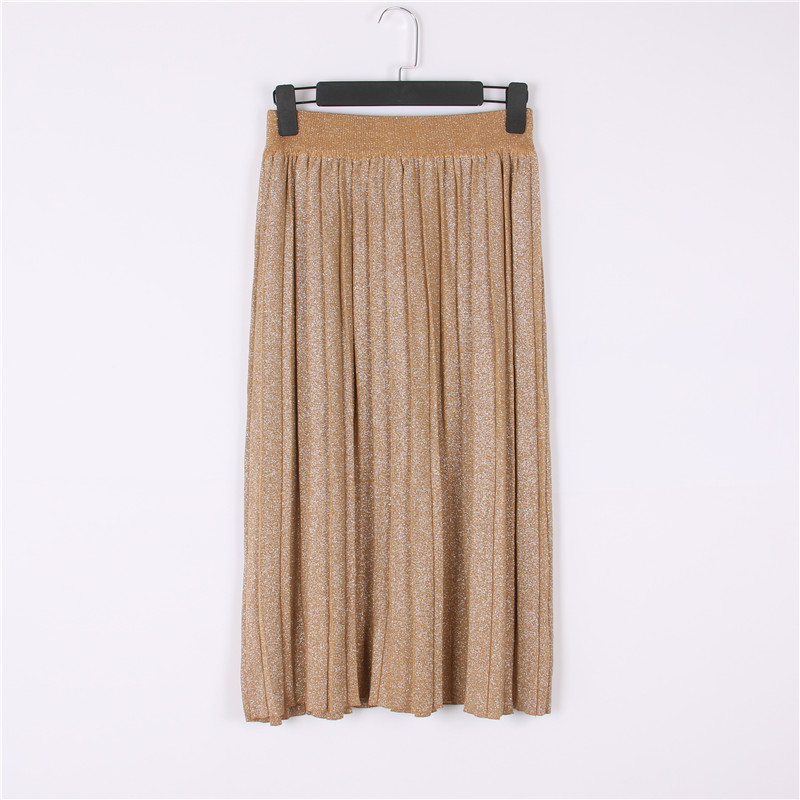 

Korean Fashion Shiny High Waist Midi Pleated Skirt Knitted Stretchy Skirts Autumn Winter Party Wear Ladies Women Skirts Holiday, Black