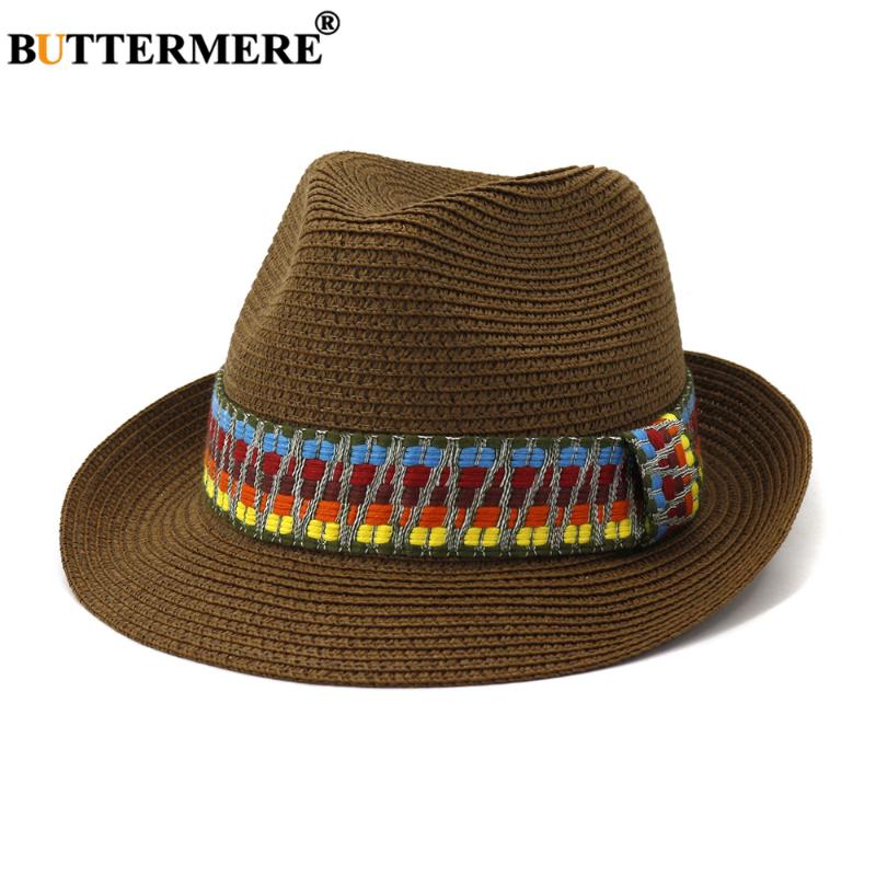 

BUTTERMERE Summer Hat for Women Men Beach Sun Hat Straw Panama Fedora Cap UV Protection Jazz Summer Cap for Female Chapeau, Black