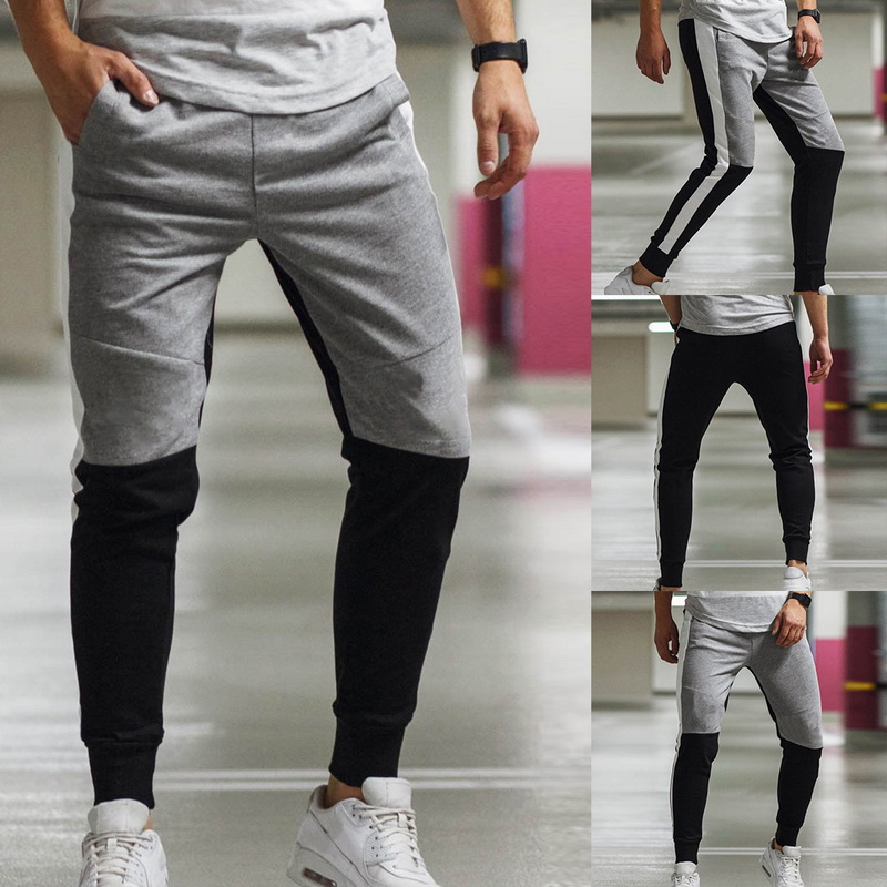 

Men Splicing Fitness Pants Long Pants Casual Loose Elastic Sports Trousers Side Stripes Beamed Men Fashion Streetwear, Gray