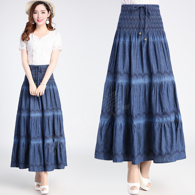 

Free Shipping 2020 New Fashion Long Maxi A-line Skirt Women High Elastic Waist Summer And Autumn Denim Jeans Lace-up Skirts -XL, Blue