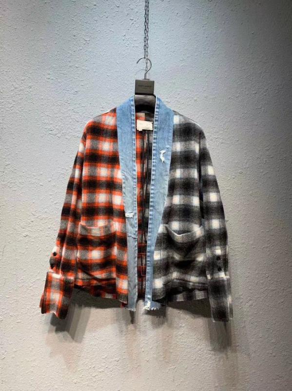 

men plaid woolen patchwork distressed cardigan kimino shirt, As pic