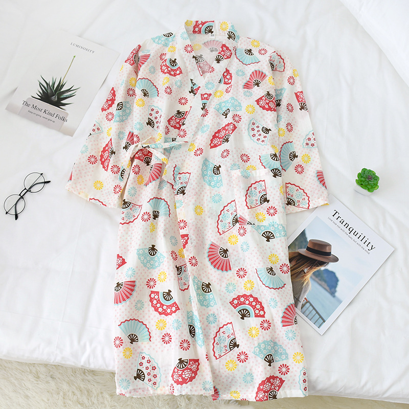 

New Women 100% Cotton Kimono Bathrobes Summer Cartoon Print Long Robes Casual Nightgowns Japanese Kawaii Bath Robes Sleepwear, Yz-10