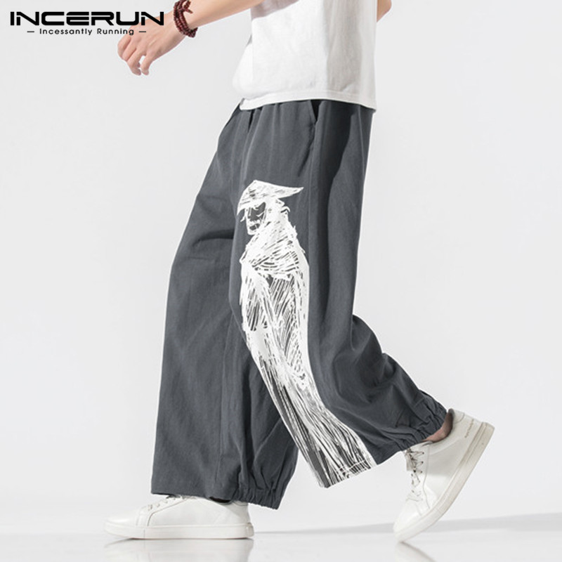 

INCERUN Retro Printed Joggers Casual Elastic Waist Trousers Loose Cotton Streetwear Pantalones Mens Vintage Wide Leg Pants, Gray
