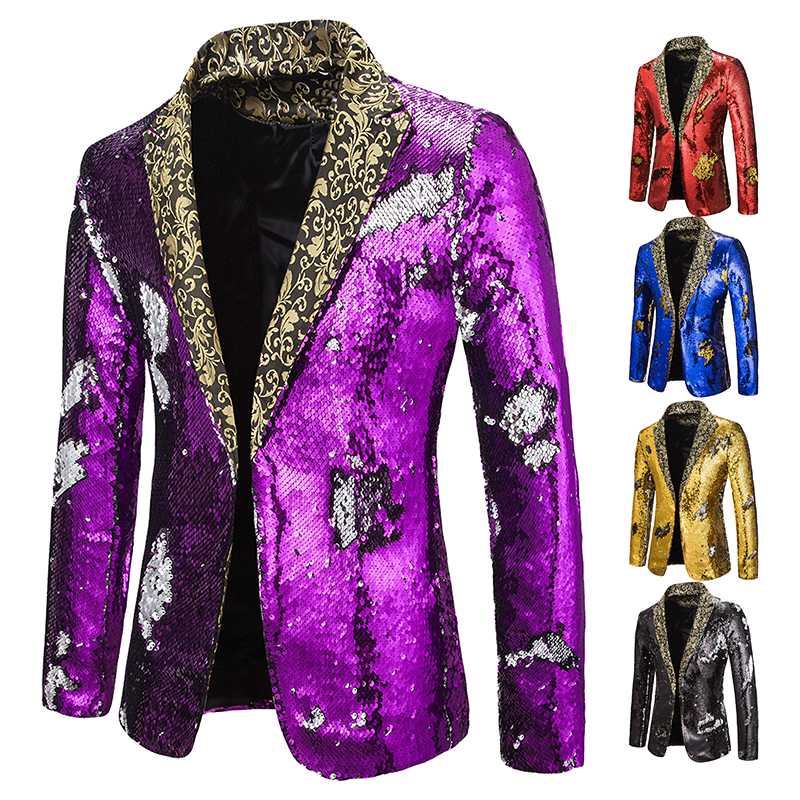 

New Contrast Color Sequins Adorn Mens Blazer Mise En Scene Slim Hip Hop Mens Suits Blazers, Black