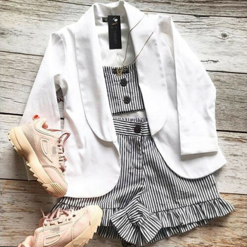 

Hot Cute Toddler Kid Baby Girl Ruffle Striped Sling Crop Top Short Pants 2PCS Outfit Clothes Summer, As pic