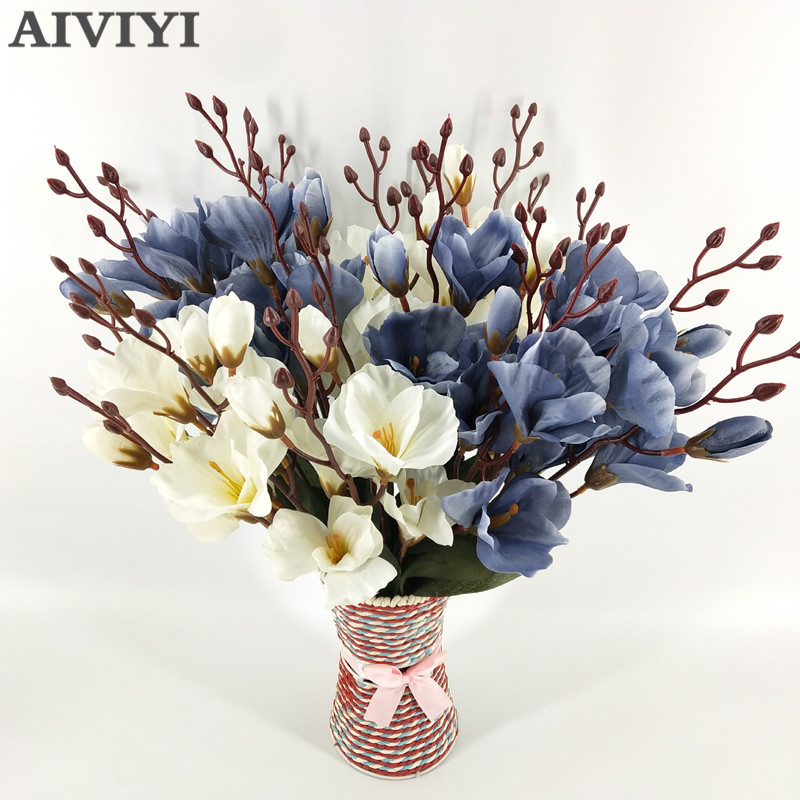

Foreign trade excellent product magnolia artificial flower bouquet wedding family table living room decoration DIY fake flower, Blue