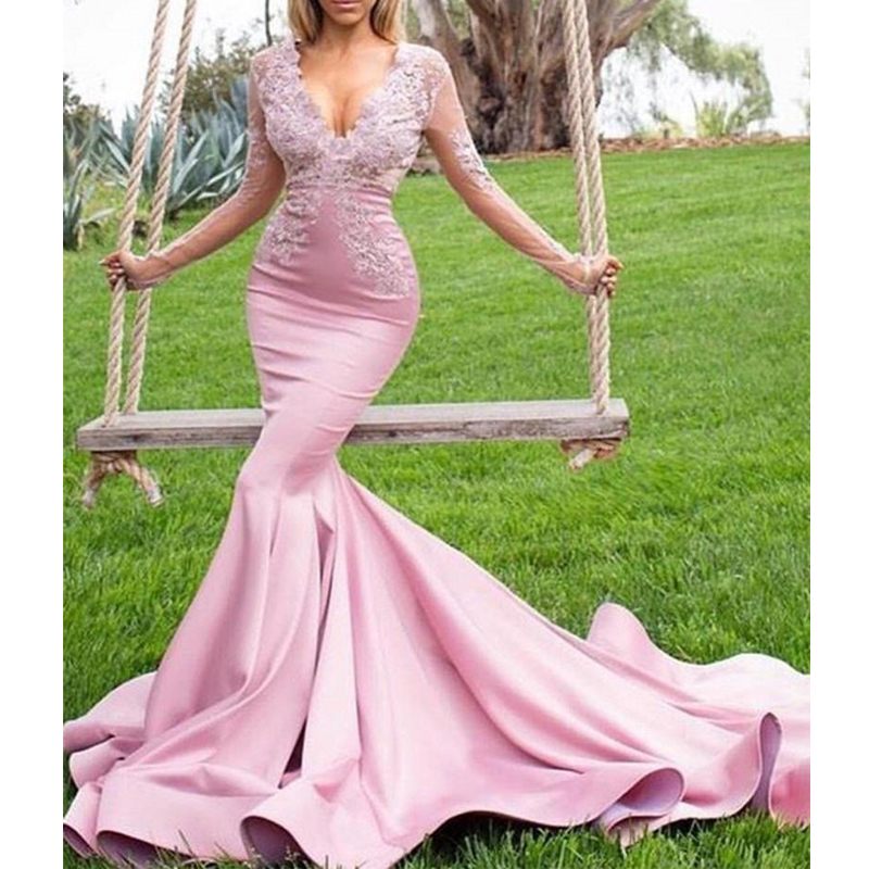 

2020 Pink Mermaid Prom Dresses Long Sleeves Lace Appliques Button Back Sweep Train Plus Size Formal Evening Gowns, Black